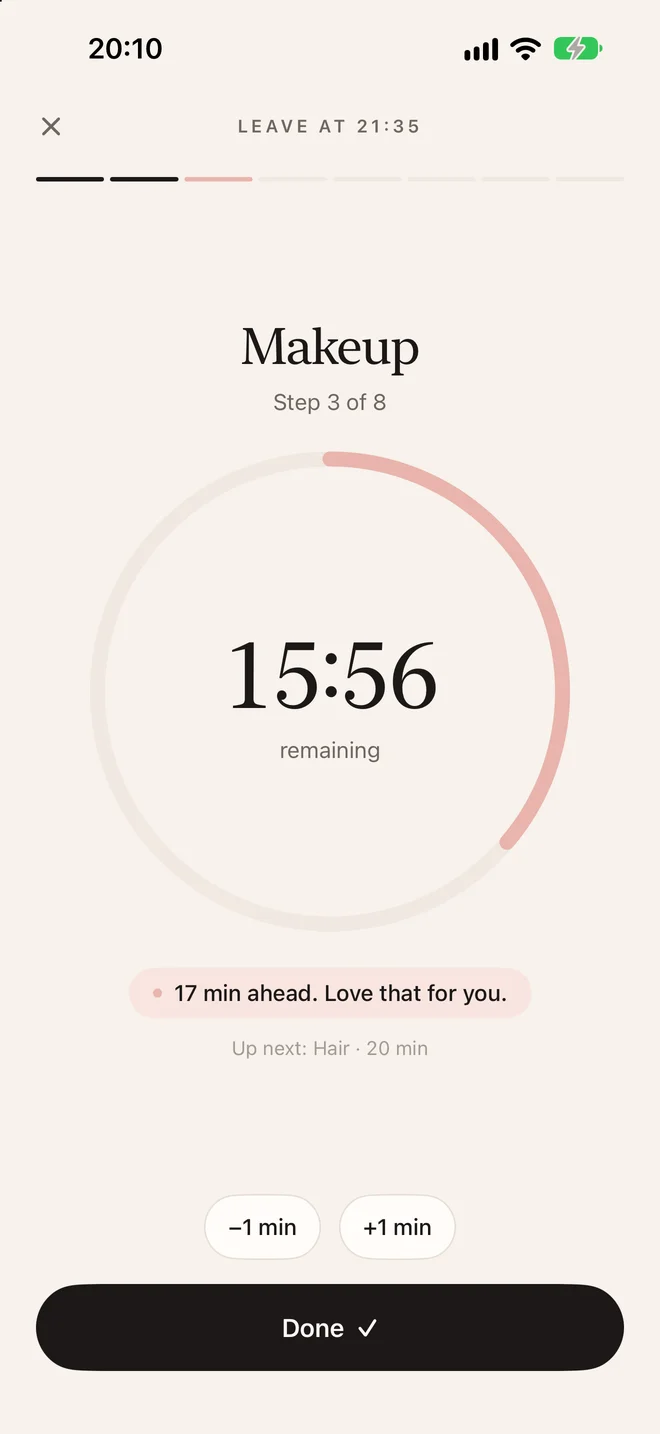 The live timer showing one step, the time left and whether you are ahead