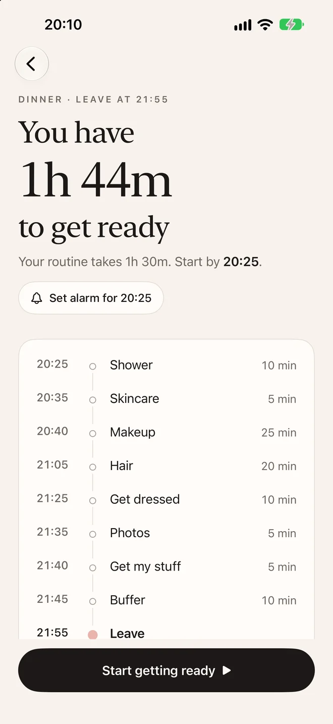 Your routine as a timeline, with the time to start and an alarm button
