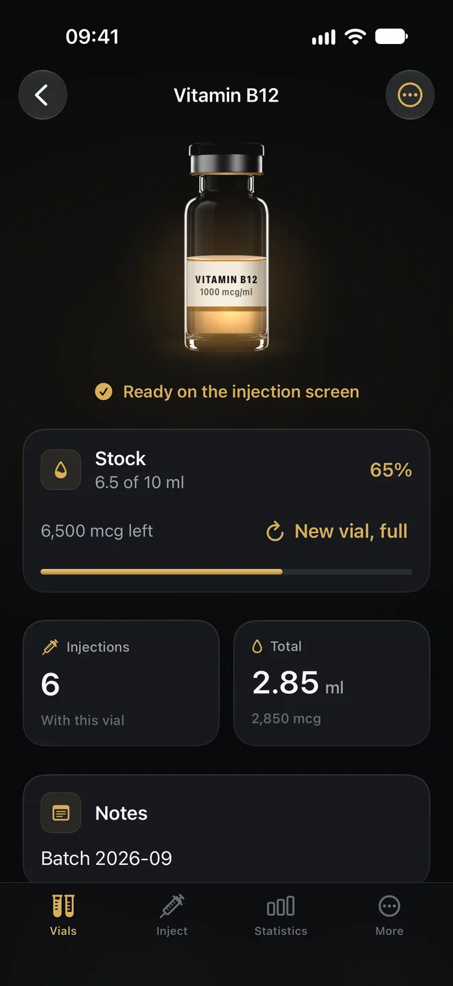 A vial with its stock, number of injections, total and a note