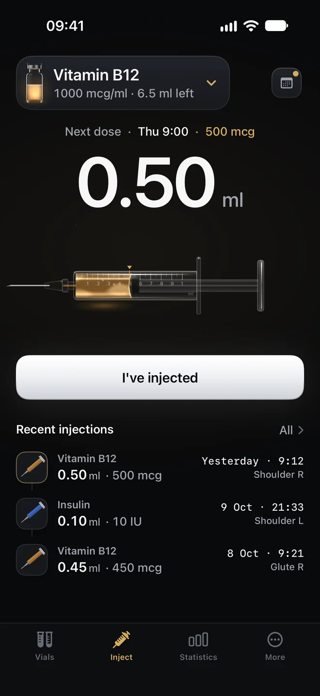 The inject screen: the chosen vial, 0.50 ml on the syringe, the next dose and recent injections