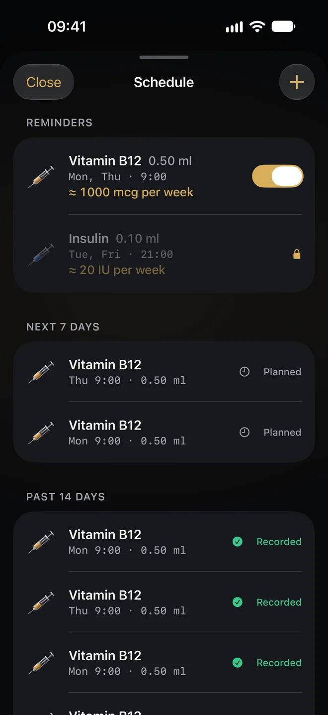 The schedule with reminders, the weekly total and the days ahead
