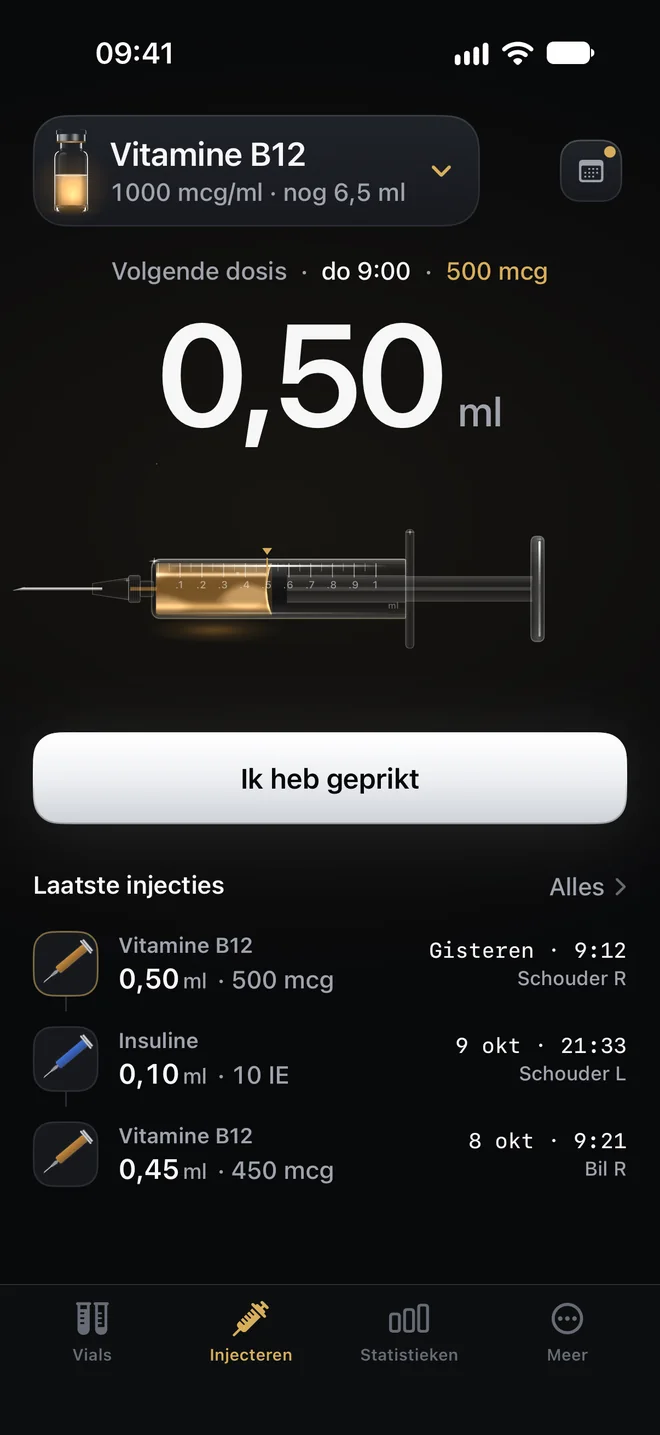Het injectiescherm: de gekozen vial, 0,50 ml op de spuit, de volgende dosis en de laatste injecties