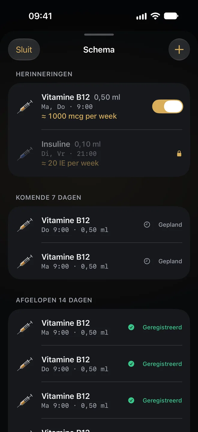 Het schema met herinneringen, het totaal per week en de komende dagen