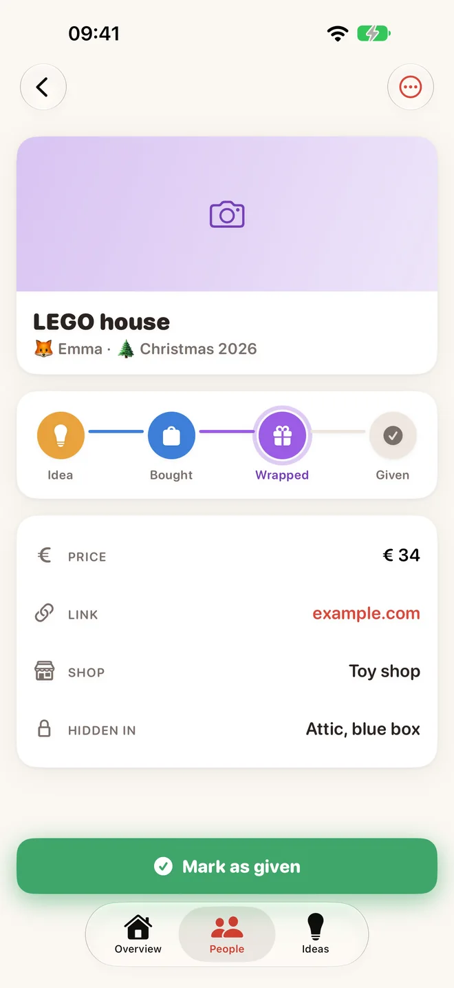 A gift with the steps from idea to given, the price, the shop and where it is hidden