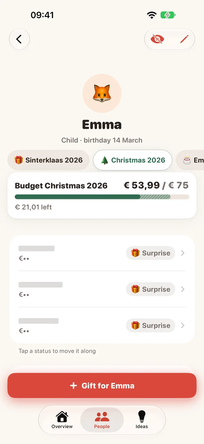 Hide mode: gift titles and prices hidden behind Surprise