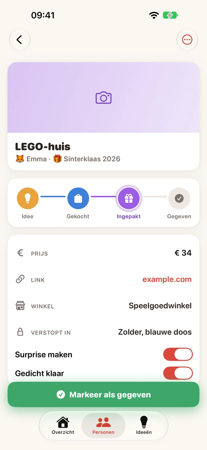Een cadeau met de stappen van idee tot gegeven, de prijs, de winkel en waar het verstopt ligt