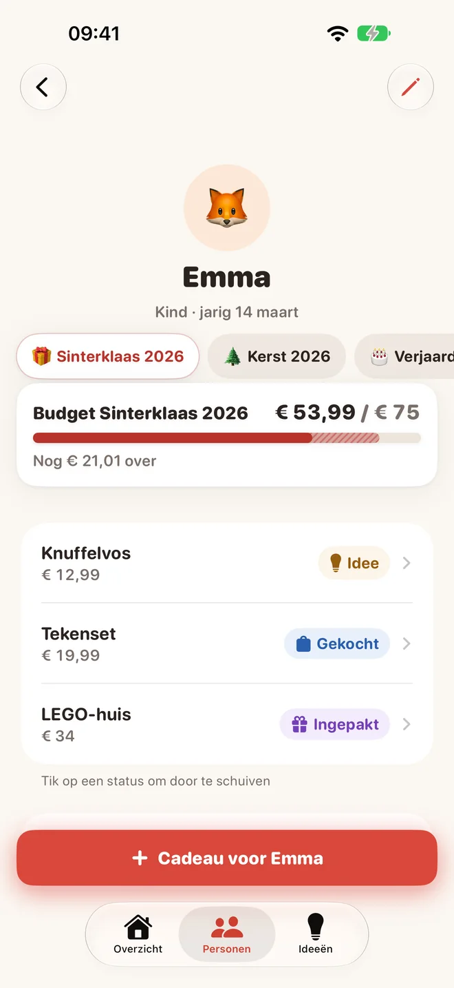 De pagina van Emma, met haar budget voor Sinterklaas en haar cadeaus per status